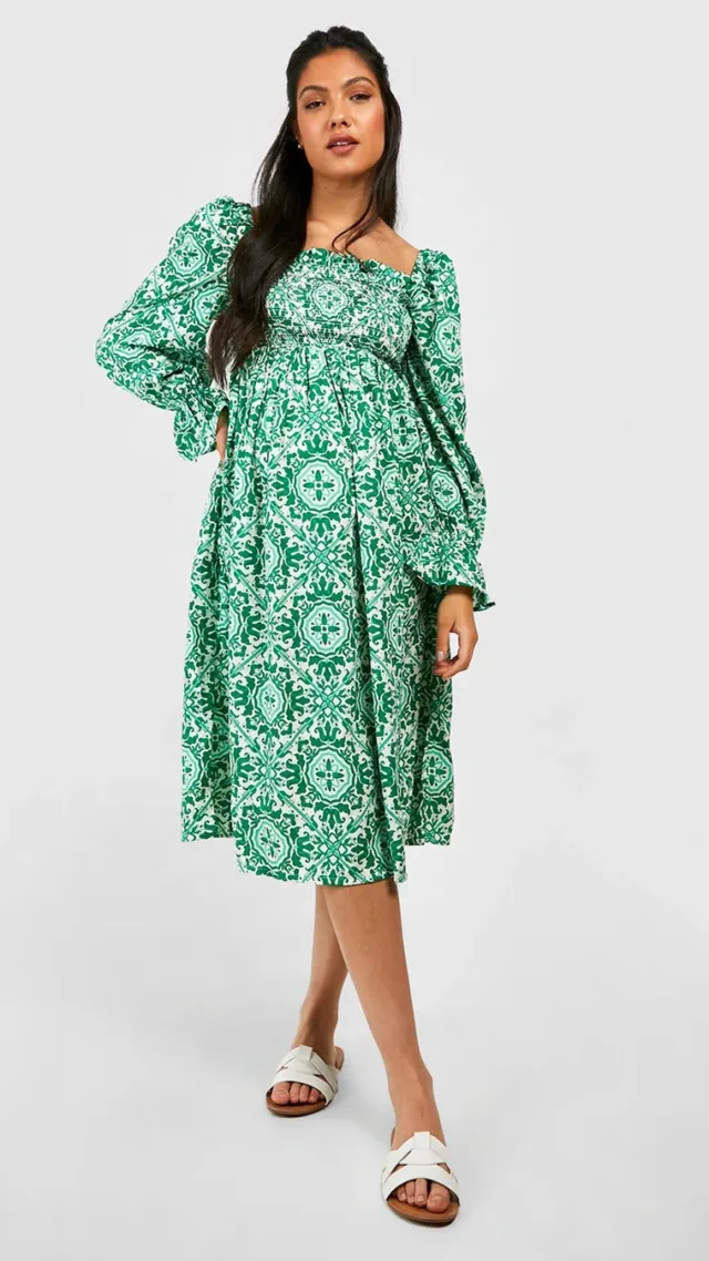 Green Maternity Shirred Detail Long Sleeve Midi Dress