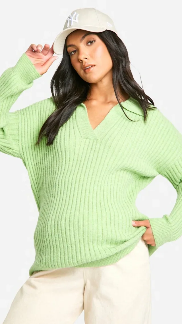 Green Maternity Soft Wide Rib Knit Collared Sweater