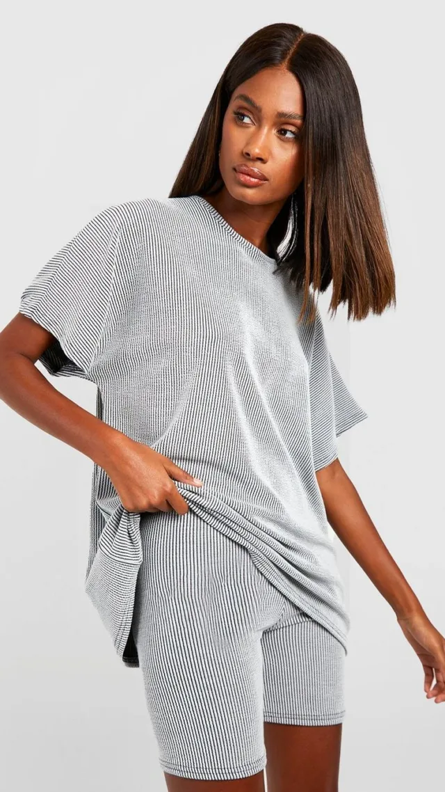 Grey 2 Tone Rib Oversized T-Shirt & Biker Short Set