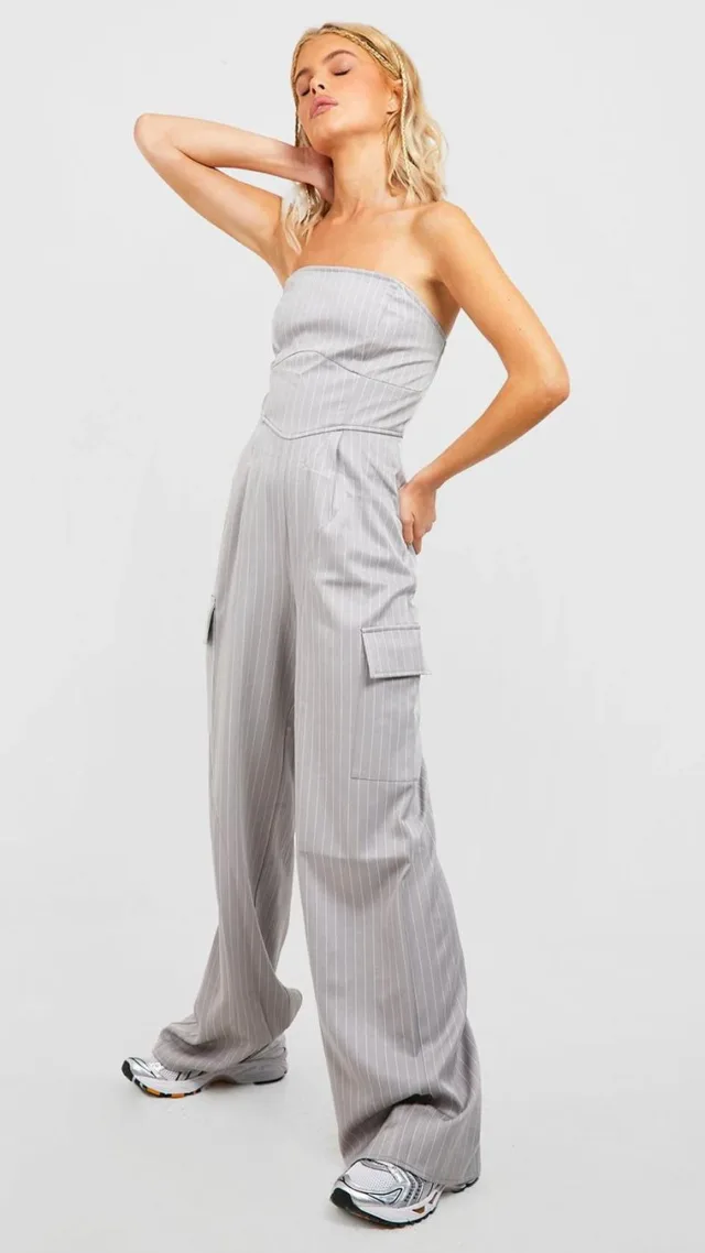 Grey Marl Bandeau Cargo Pocket Wide Leg Jumpsuit