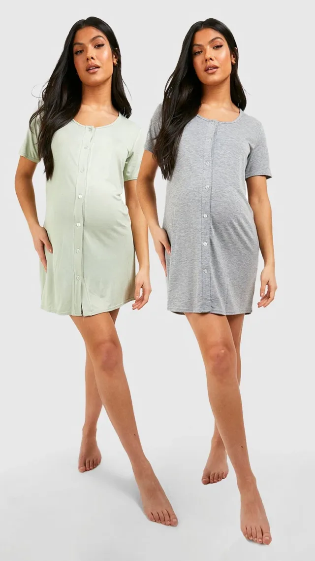 Grey Marl Maternity 2 Pack Button Front Nightgown