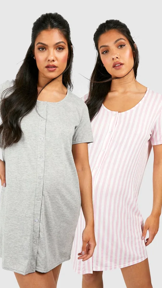 Grey Marl Maternity 2 Pack Stripe Button Front Nightgown