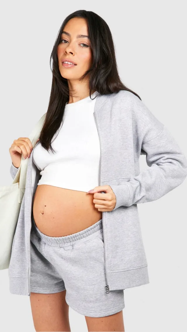 Grey Marl Maternity Bomber Jacket And Short Tracksuit