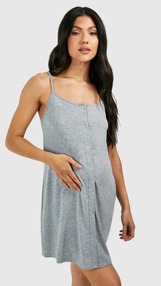 Grey Marl Maternity Button Down Strappy Nightgown