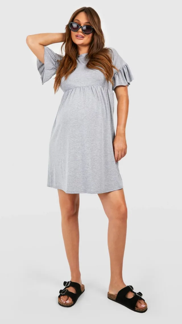 Grey Marl Maternity Frill Sleeve Smock Mini Dress