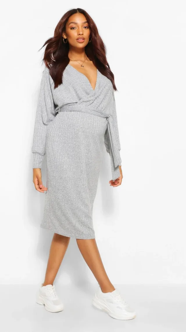 Grey Marl Maternity Knitted Rib Wrap Sweater Dress