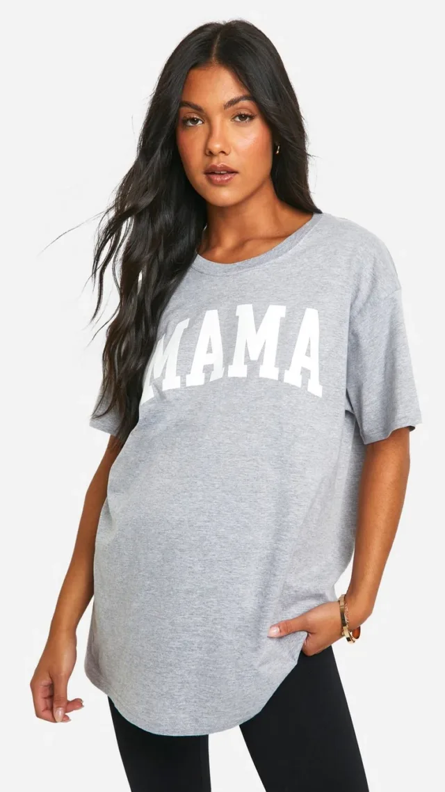 Grey Marl Maternity Mama Print Oversized T-Shirt