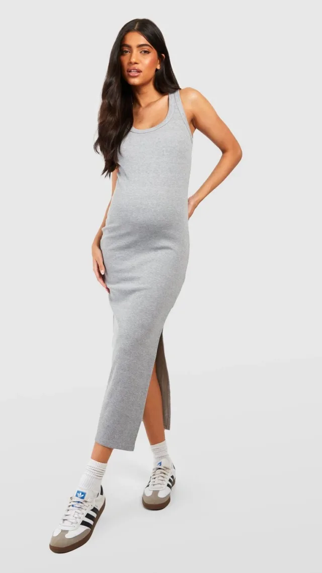 Grey Marl Maternity Premium Rib Split Midi Dress