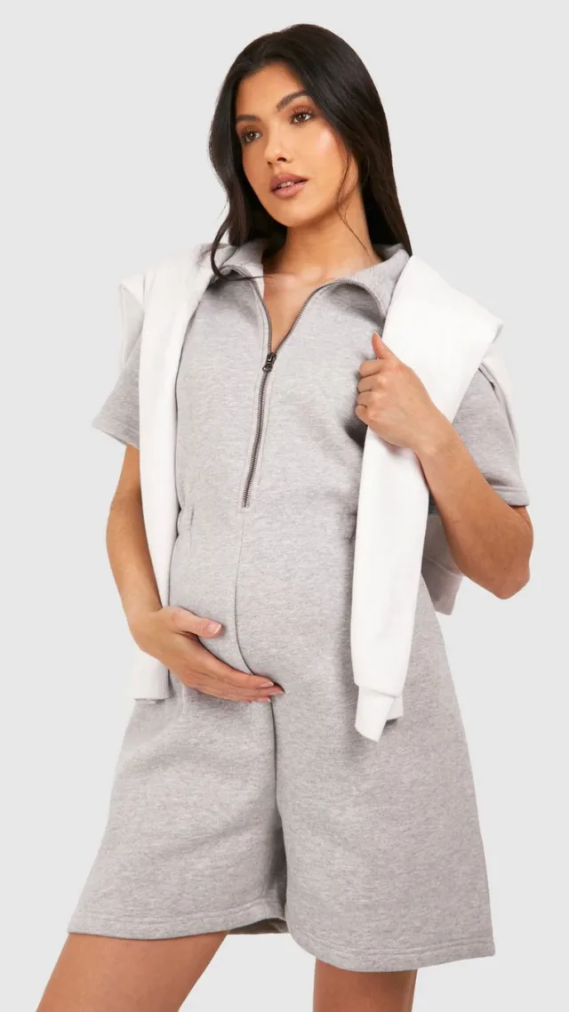 Grey Marl Maternity Quarter Zip Fleece Lounge Romper