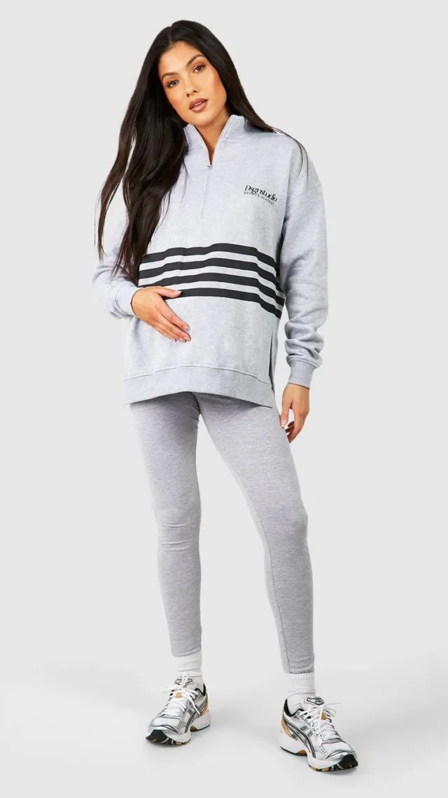 Grey Marl Maternity Striped Half Zip Legging Tracksuit