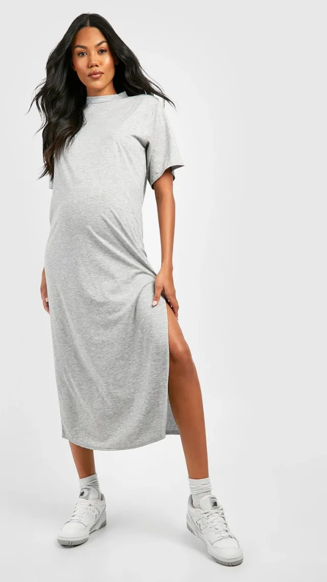 Grey Marl Maternity T-Shirt Midi Dress