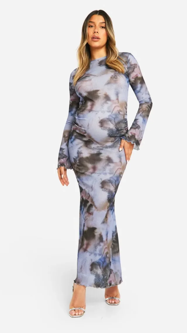 Grey Maternity Abstract Print Lettuce Hem Long Sleeve Maxi Dress