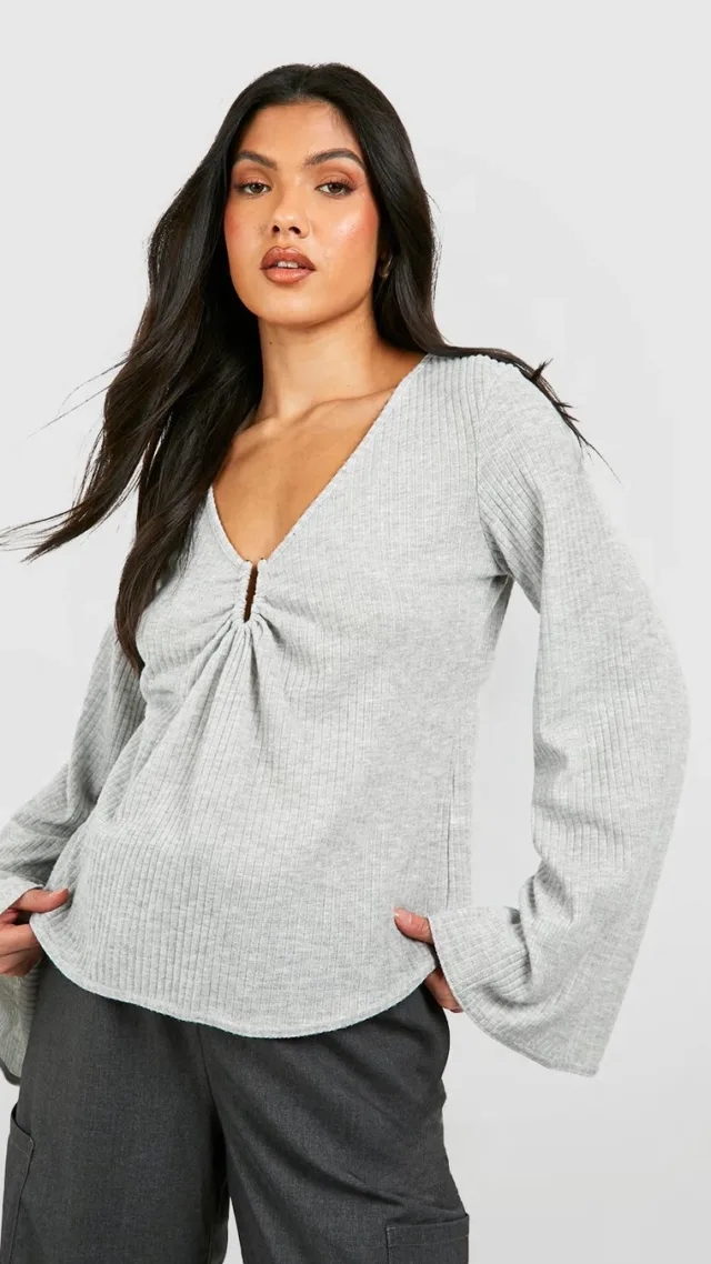 Grey Maternity Brushed Rib V Neck Top