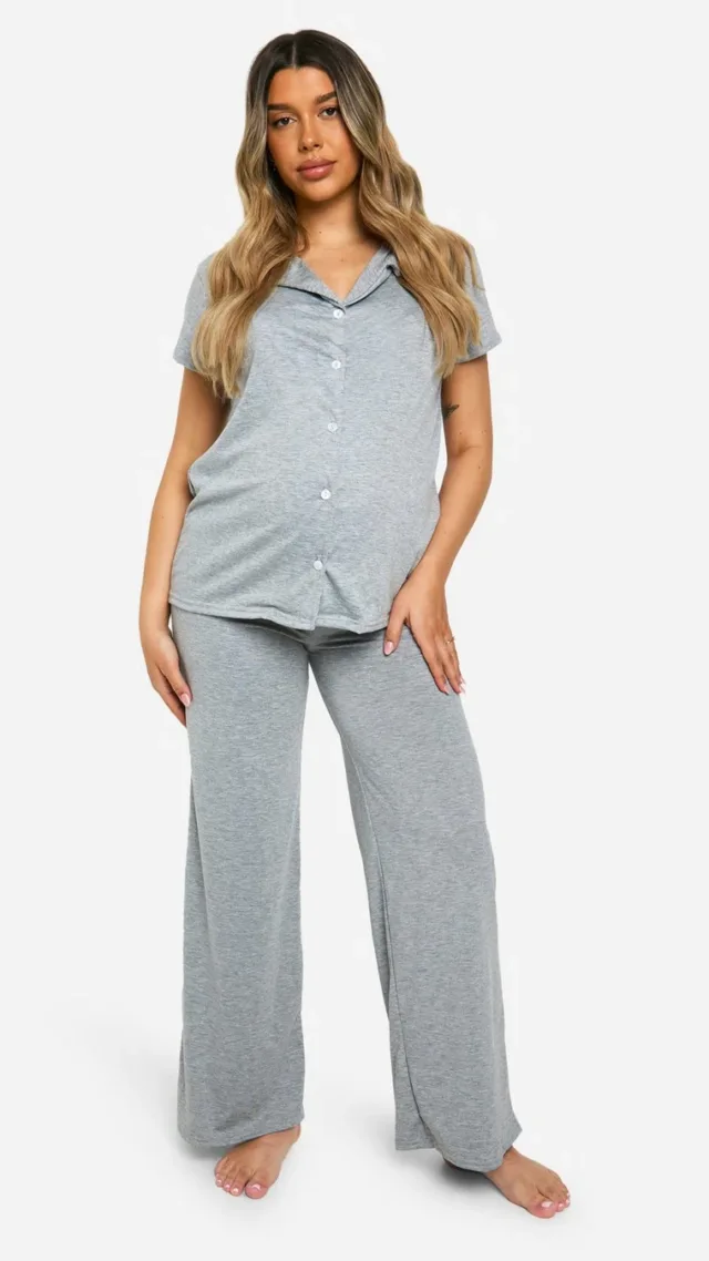 Grey Maternity Peached Button Down Short Sleeve Shirt & Pants Pj Set