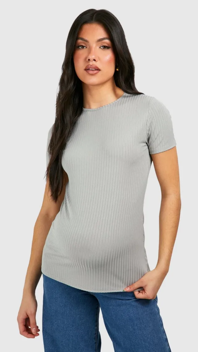 Grey Maternity Rib Crew Neck T-Shirt