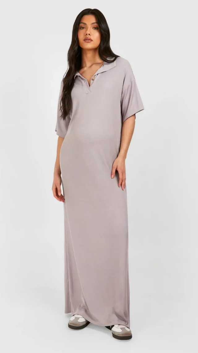 Grey Maternity Ribbed Collared Maxi T-Shirt Dress