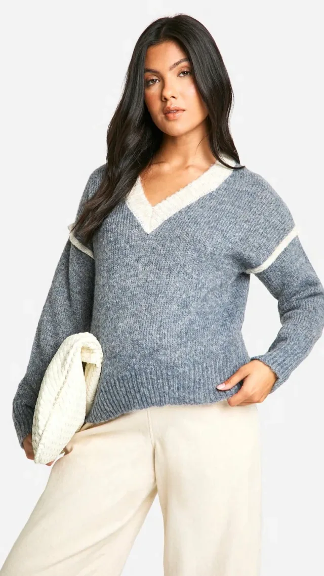 Grey Maternity Soft Knit Contrast Detail Knitted V Neck Sweater