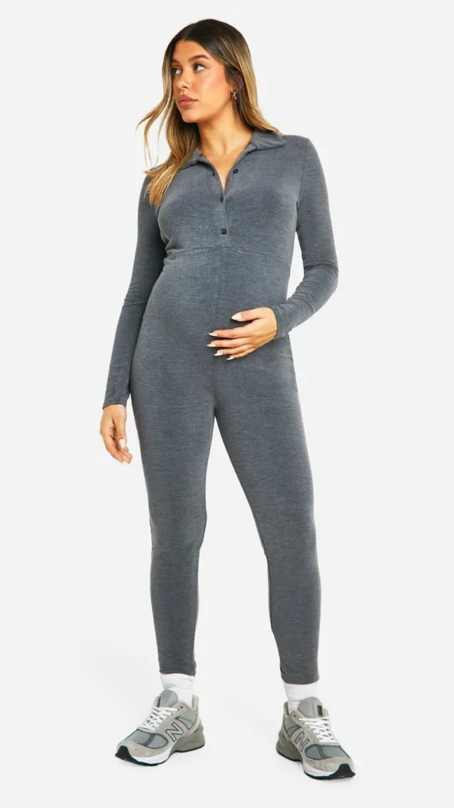 Grey Maternity Soft Rib Button Down Long Sleeve Jumpsuit