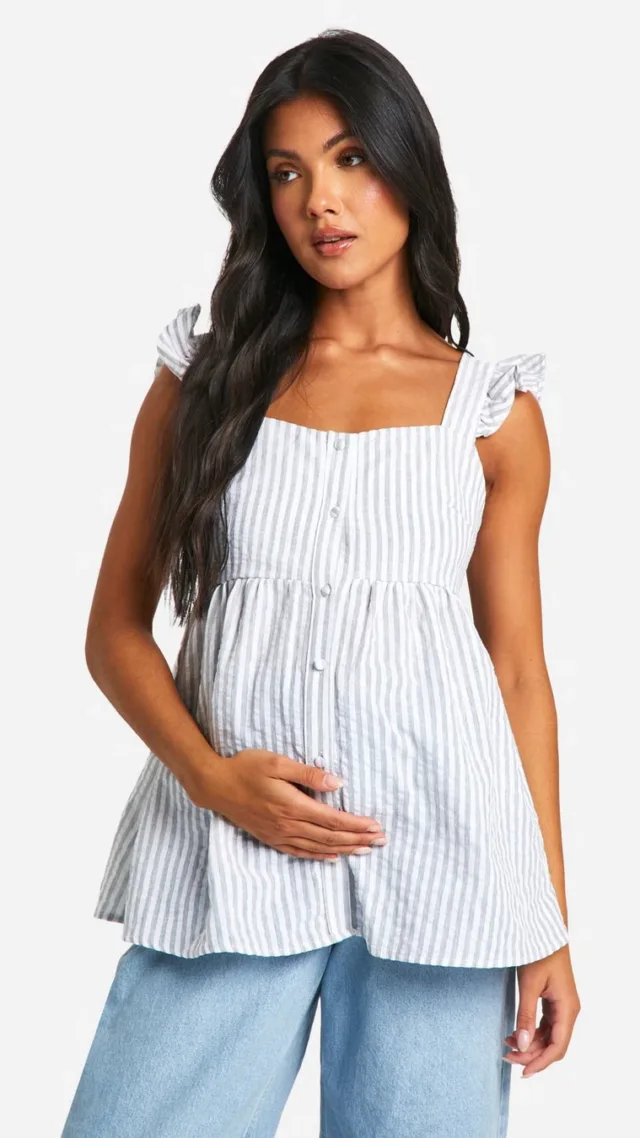 Grey Maternity Striped Frill Shoulder Cami Smock Top