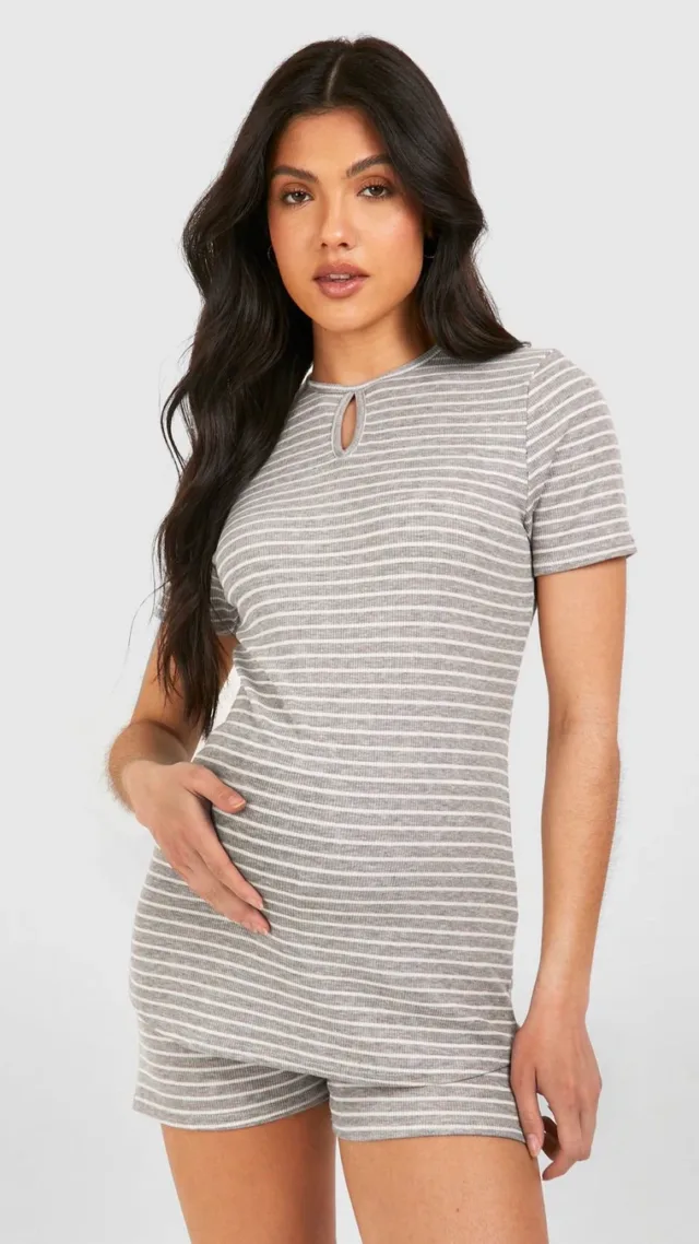 Grey Maternity Striped Ribbed T-Shirt And Short Lounge Set