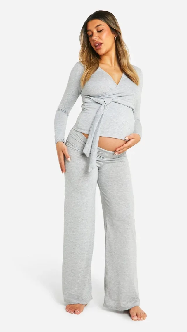 Grey Maternity Super Soft Wrap Belted Top Lounge Set