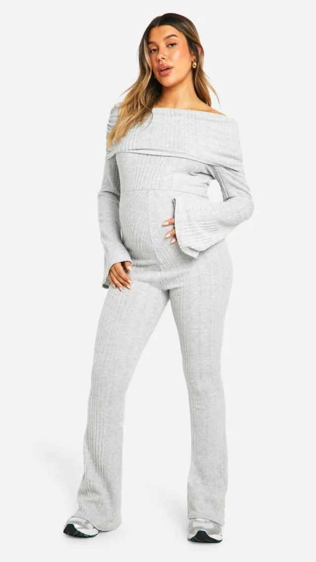 Grey Maternity Textured Deep Off The Shoulder Off The Shoulder Long Sleeve Flared Jumpsuit