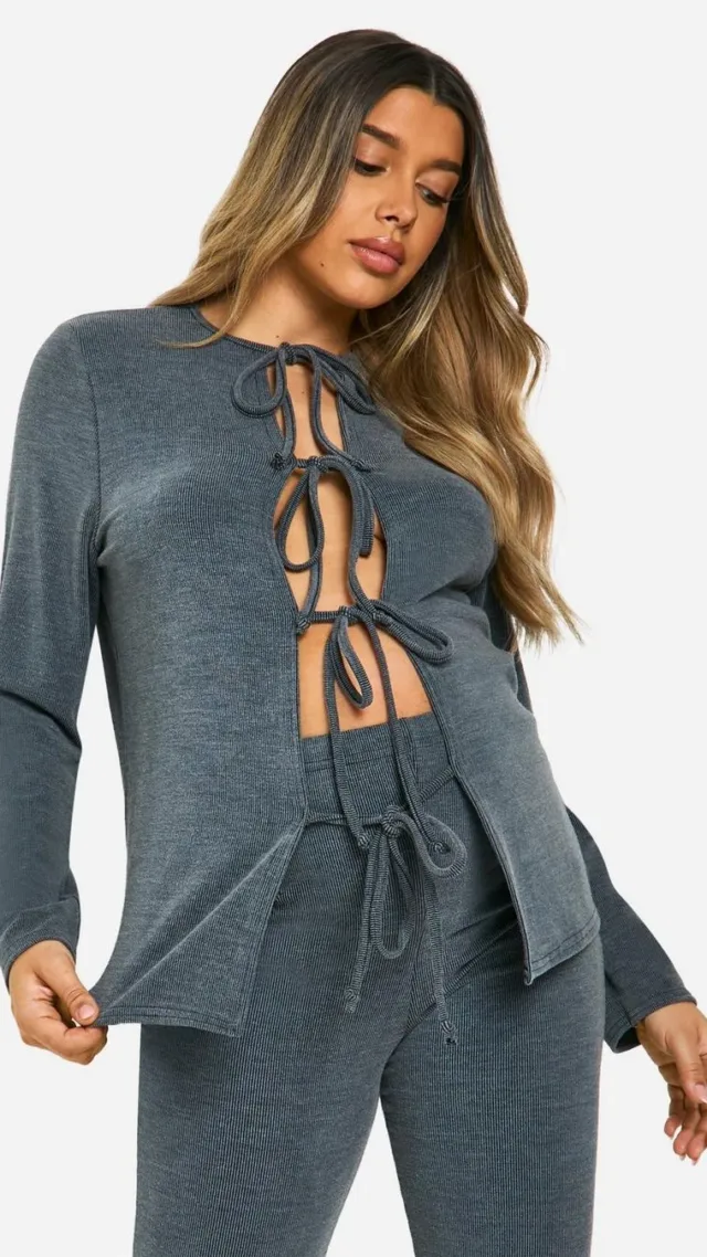 Grey Maternity Textured Rib Tie Front Detail Cardigan