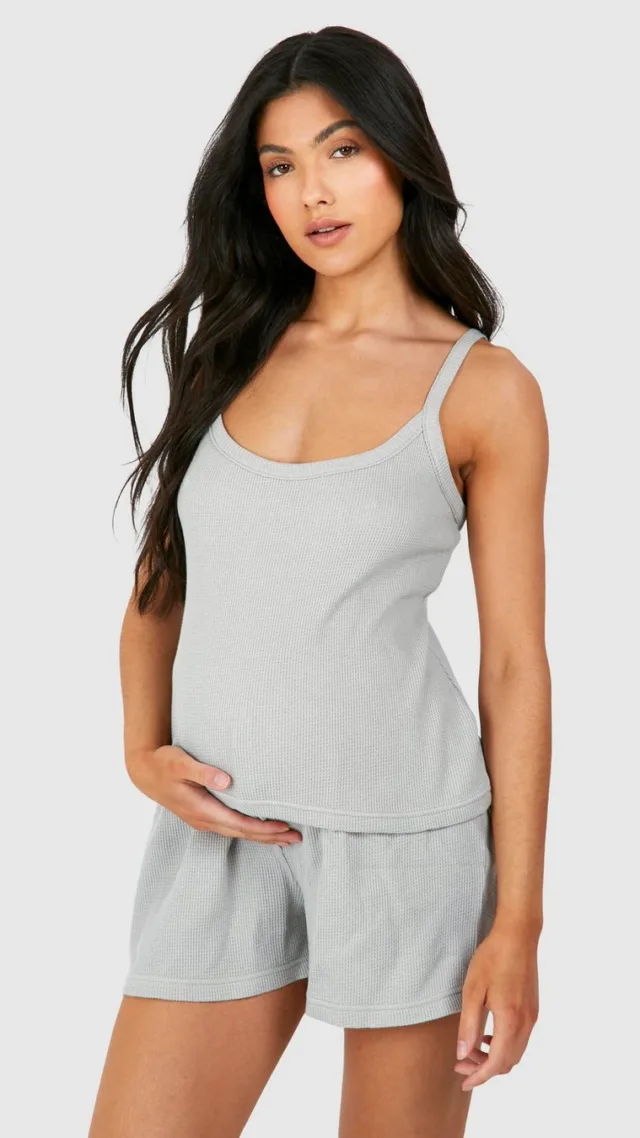 Grey Maternity Waffle Camisole And Short Lounge Set