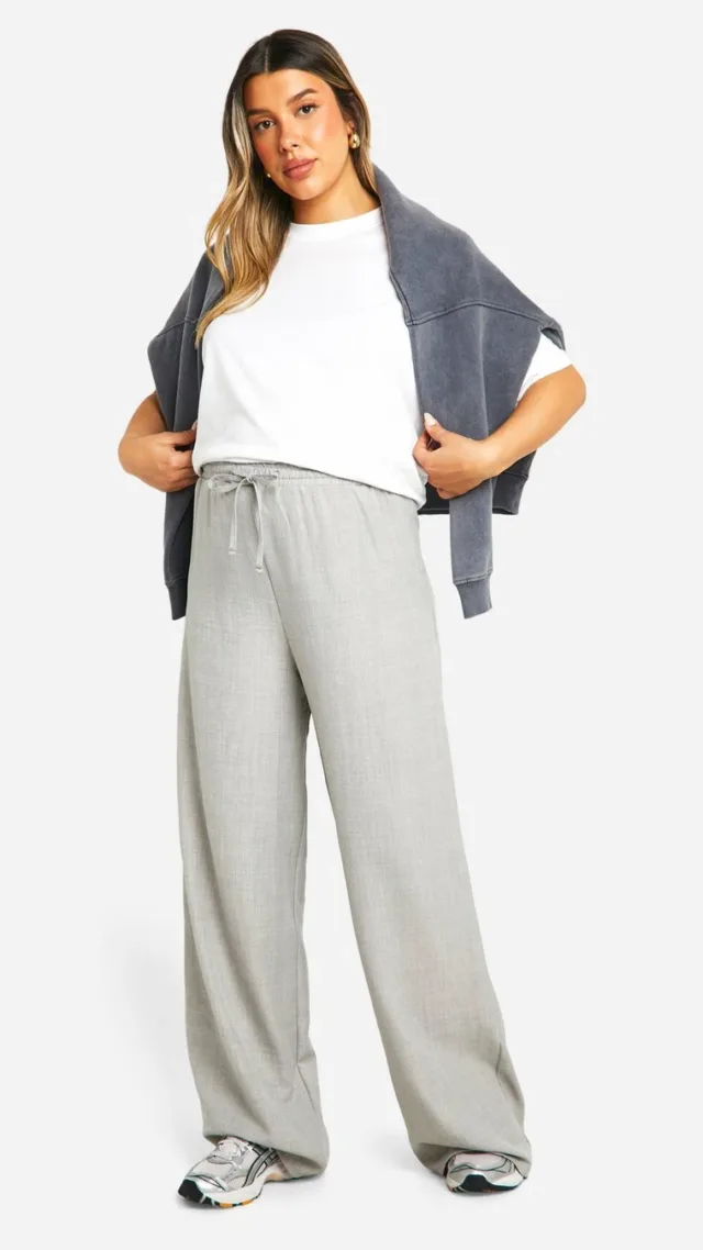 Grey Maternity Woven Tie Waist Wide Leg Trousers