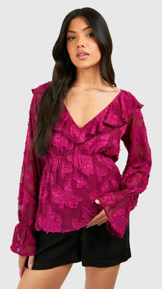 Hot Pink Maternity Floral Jacquard Frill Detail Peplum Top