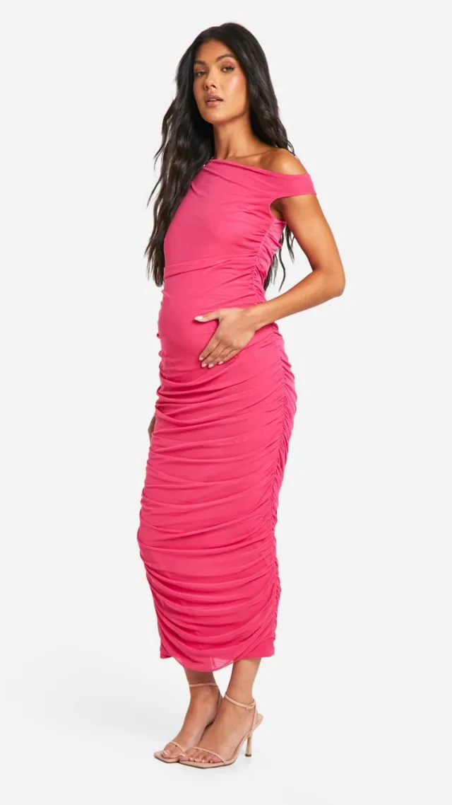 Hot Pink Maternity Mesh Asymmetric Neck Ruched Midi Dress