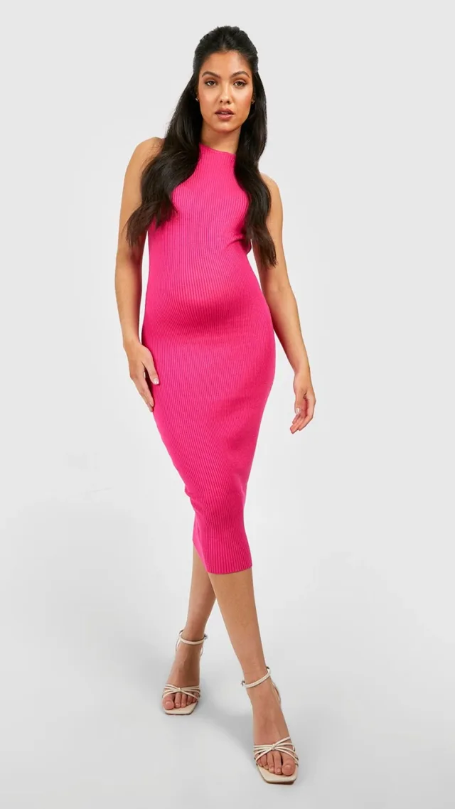 Hot Pink Maternity Racer Rib Knit Midi Dress