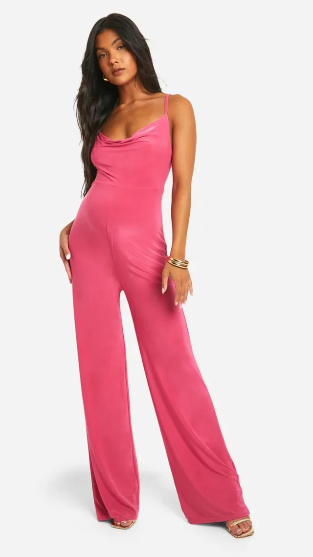 Hot Pink Maternity Slinky Cross Over Wide Leg Jumpsuit