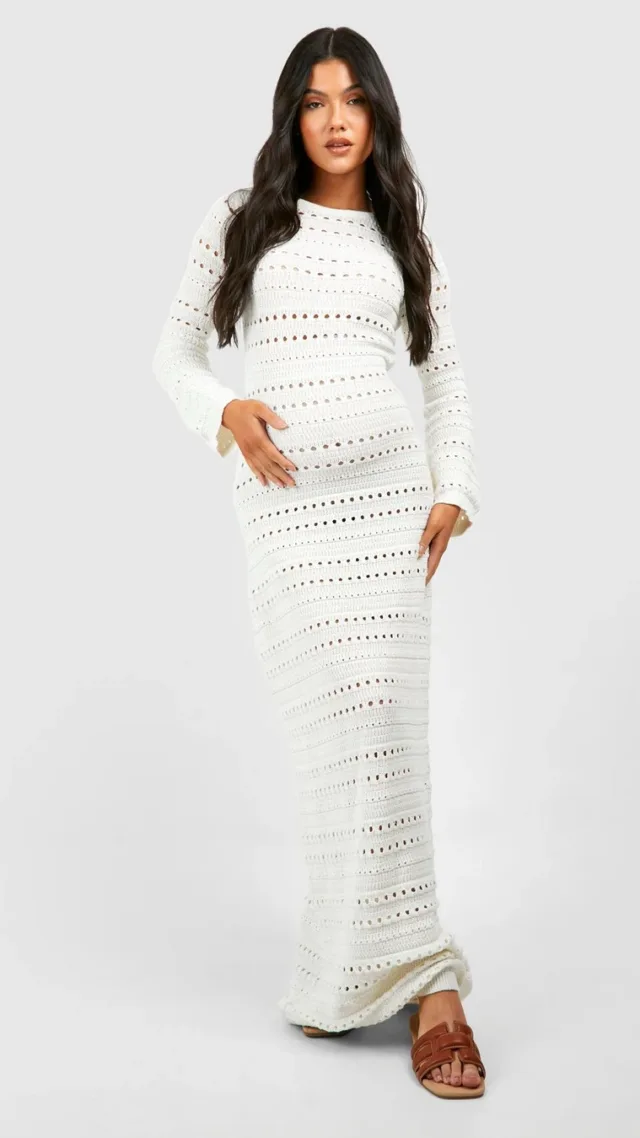 Ivory Maternity Crochet Flare Sleeve Tie Back Knitted Maxi Dress