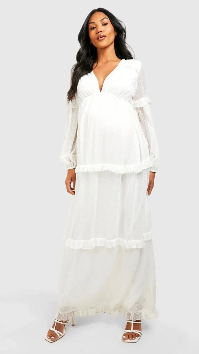 Ivory Maternity Dobby Mesh Ruffle Maxi Dress