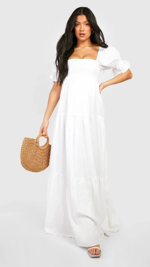 Ivory Maternity Linen Shirred Tiered Midi Dress