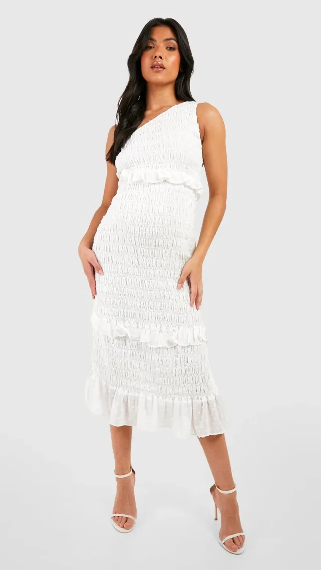 Ivory Maternity One Shoulder Dobby Mesh Frill Hem Dress