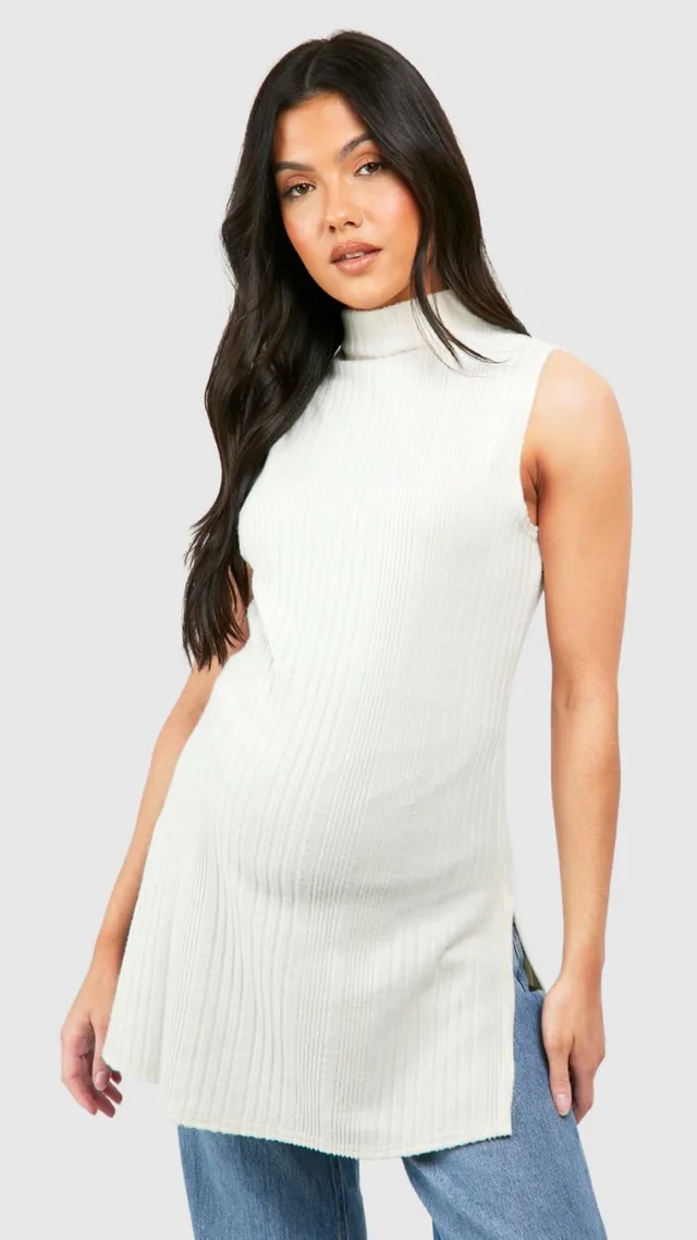 Ivory Maternity Sleeveless High Neck Side Split Sweater