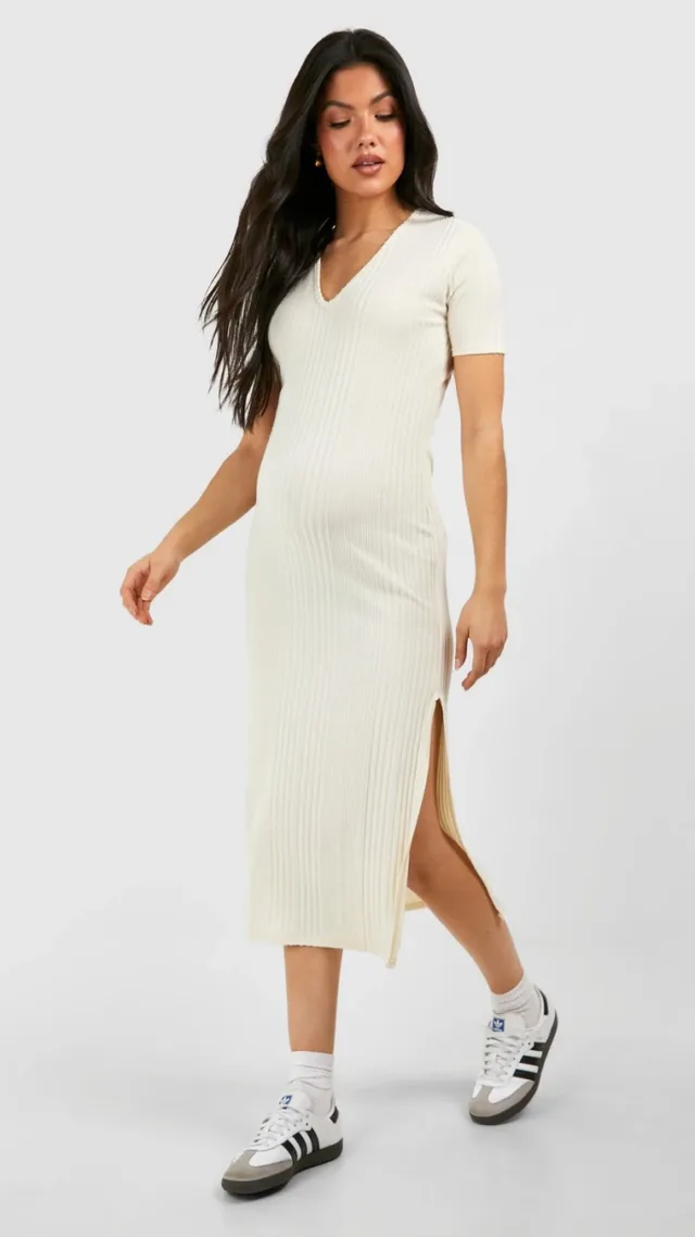 Ivory Maternity Soft Rib Short Sleeve Midi Dress