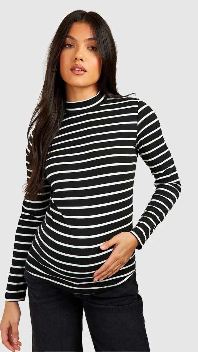 Ivory Maternity Turtleneck Striped Long Sleeve T-Shirt