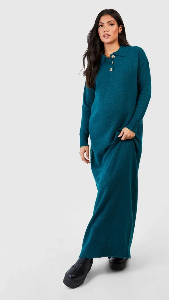 Jade Maternity Polo Button Collar Knitted Maxi Dress