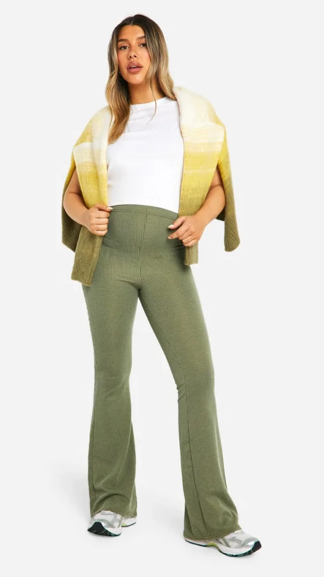 Khaki Maternity Acid Wash Ribbed Flared Leggings