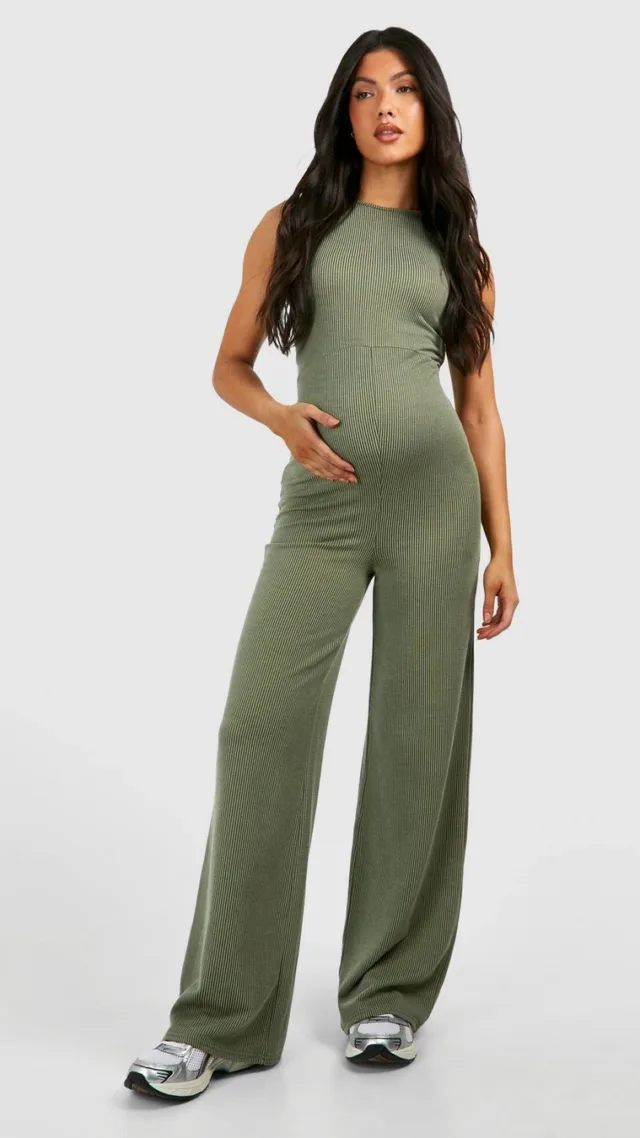 Khaki Maternity Acid Wash Ribbed Racer Neck Jumpsuit