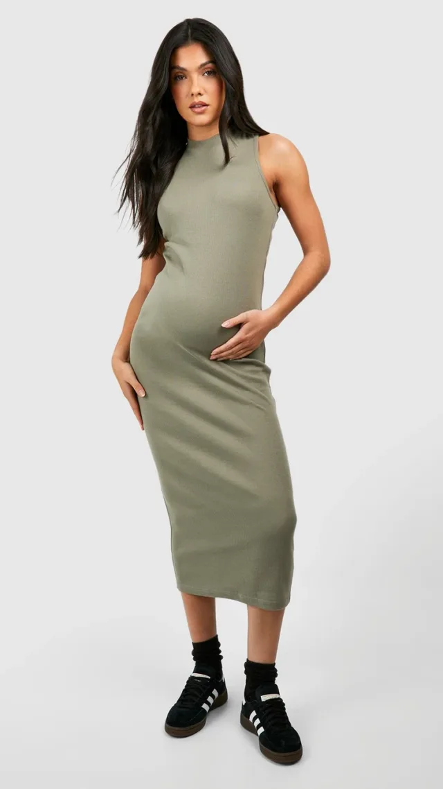 Khaki Maternity Basic High Neck Racerback Midi Dress