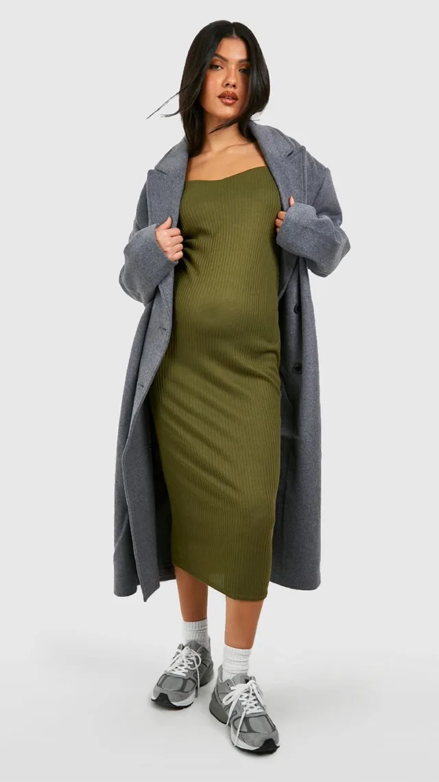 Khaki Maternity Brushed Rib Sweetheart Neck Midi Dress