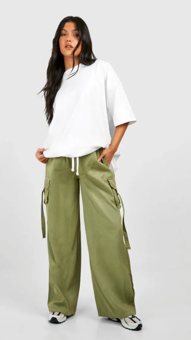 Khaki Maternity Contrast Draw Cord Wide Leg Cargo Pants