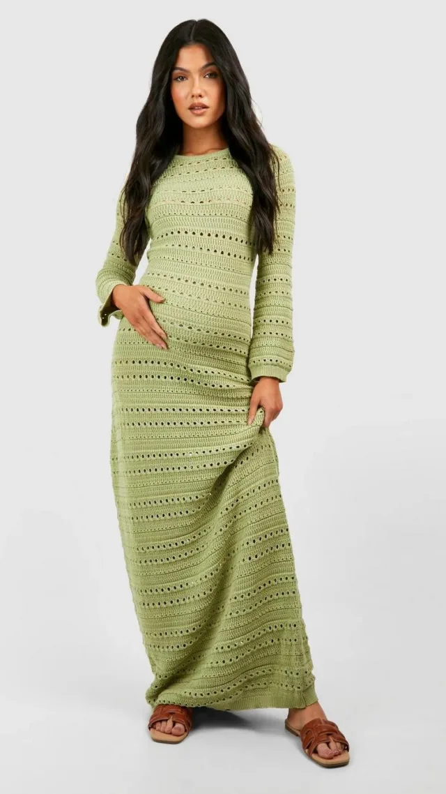 Khaki Maternity Crochet Flare Sleeve Tie Back Knitted Maxi Dress