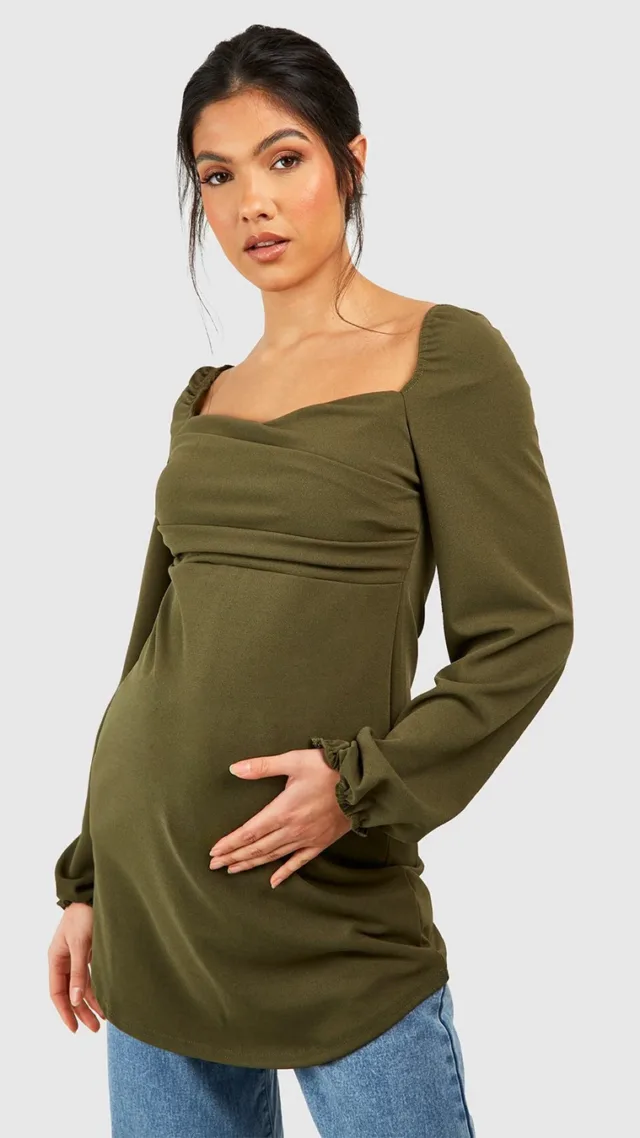 Khaki Maternity Drape Detail Blouson Sleeve Top