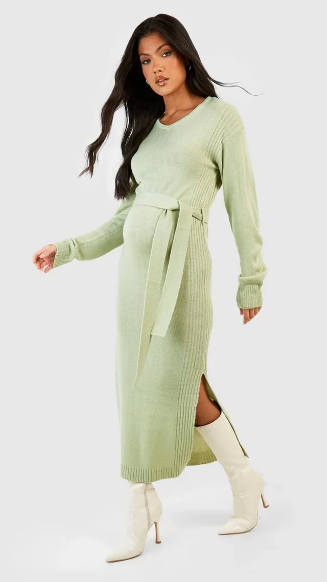 Khaki Maternity Knitted Split Midi Dress