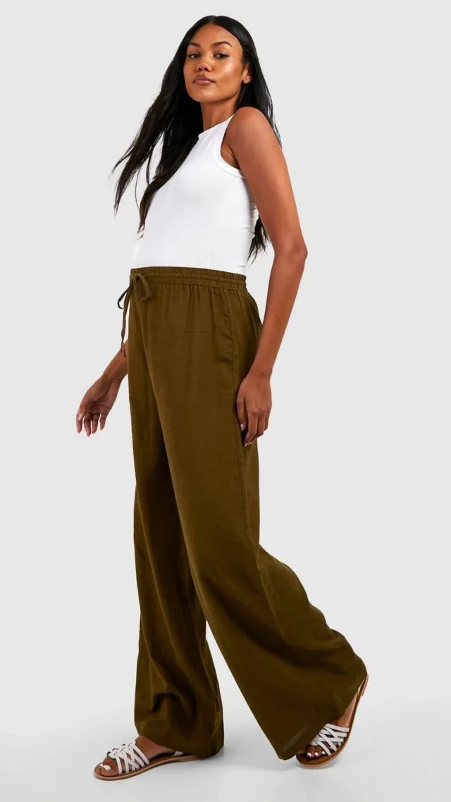 Khaki Maternity Linen Drawstring Wide Leg Pants